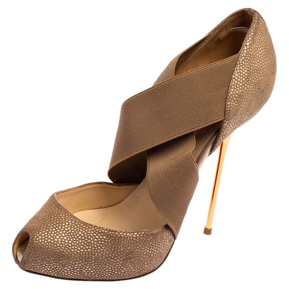 Christian Louboutin Big Dorcet 120 Peep-Toe Pumps Gold Textured Leather Size 6 - Picture 8 of 17